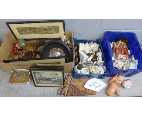 A roulette wheel marked K &amp; C Ltd., a tapestry, a Pelham puppet, a collection of horse related prints, a box of assorted 