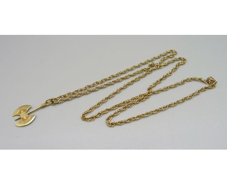 A 9ct gold rope chain with yellow metal Viking axe pendant, 13.3g 