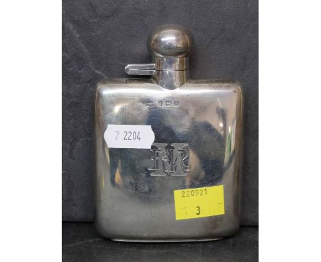 A George VI silver hip flask with slightly curved body by Mappin &amp; Webb, 12 cm x 8 cm, hallmarked for Birmingham 1946, we