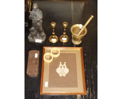 A bronzed resin figure of a farmer feeding a lamb, 22 cm high, and a 19th century wooden cased set of sovereign scales, a rep
