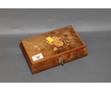 A modern Sorrento ware musical jewellery box, of rectangular form, playing the verse "Come back to Sorrento", 7 cm x 20 cm x 