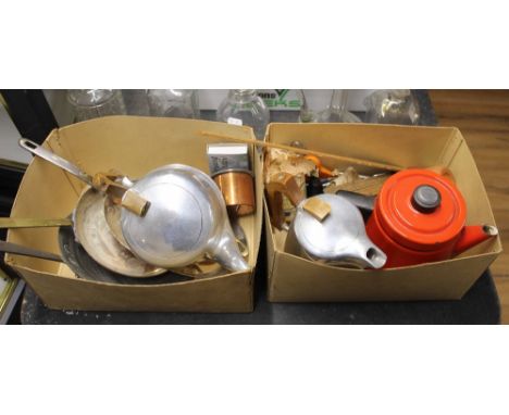 A Picquot ware aluminium two piece part tea service, 6 copper pans of varying sizes and a small quantity of mixed items (2 bo