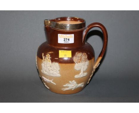 A silver mounted Doulton Lambeth stoneware hunting jug, Chester hallmarks, 16.5 cm