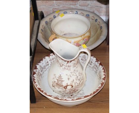 A Victorian brown transfer ware printed pottery wash jug and basin, decorated with pagoda scenes, a late Victorian pottery ch