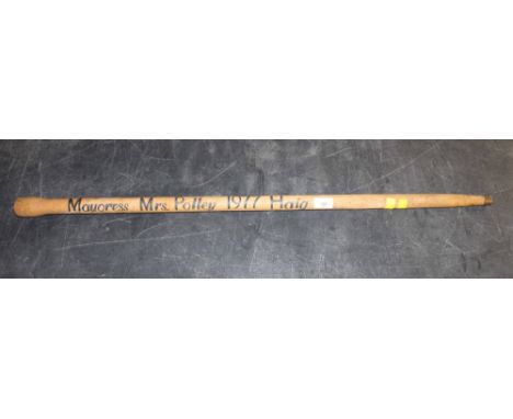 A 1970's wooden Mayoress staff or walking stick, named for Mayoress Mrs Polly 1977, Haig.  91 cm overall.