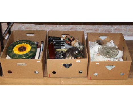 Three boxes of mixed decorative items including a silver plated tea service.