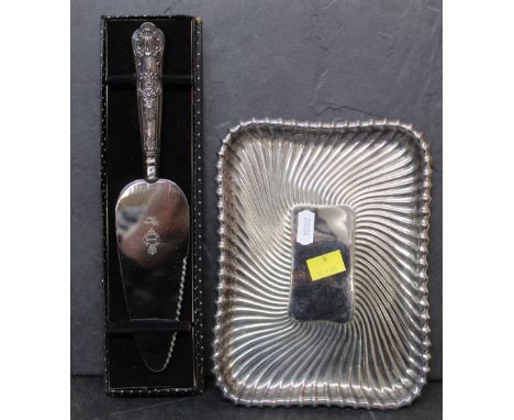 A silver plated rectangular dressing table tray with gadrooned body, 21.5 cm x 15.5 cm by Lee &amp; Wigfull and an Elizabeth 