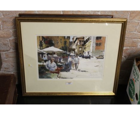 John Yardley, watercolour "Stalls at Spoleto", 24 x 34 cm, signed in pencil in gilt frame and glazed with label verso for She