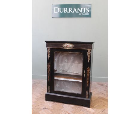 A late 19th Century French black lacquered glazed cabinet with ormolu fittings and painted enamel plaque (top as found), widt