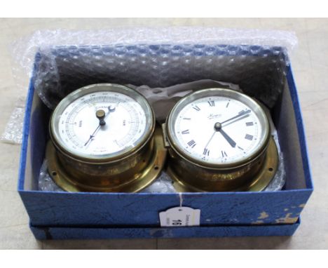 A Marpro brass cased marine android barometer together with a Marpro ship's clock