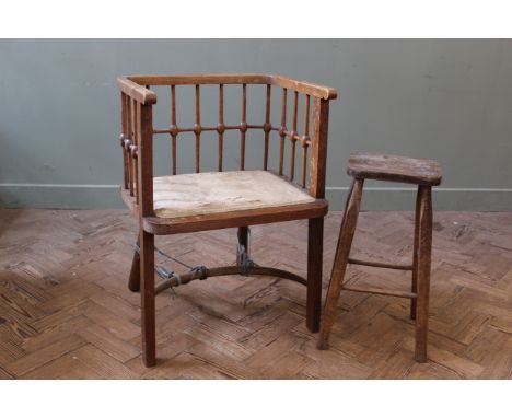 A 1920's oak bobbin turned chair, two other chairs and an oak stool