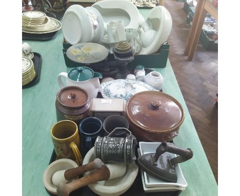 Various assorted items including bedpans and pots, kitchenware including two pestle and mortars, Art Deco electric clock, Den