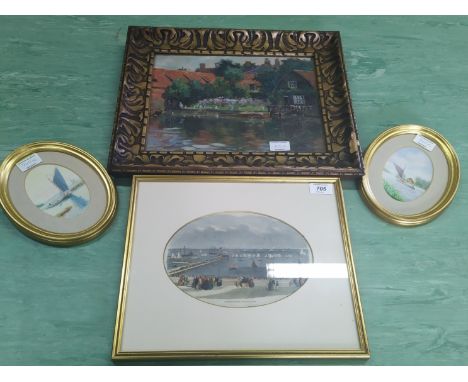 A pair of watercolours of wherries in oval frames signed W H Gedge, a framed coloured print of Lowestoft Regatta 1853 plus a 