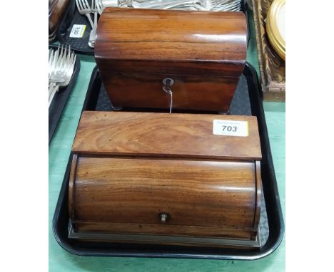 An early Victorian rosewood tea caddy plus a mahogany cylinder desktop inkwell