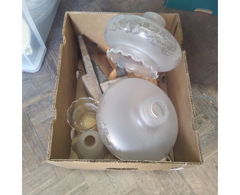 A pair of wooden bellows, two wooden book jacks plus various glass light shades