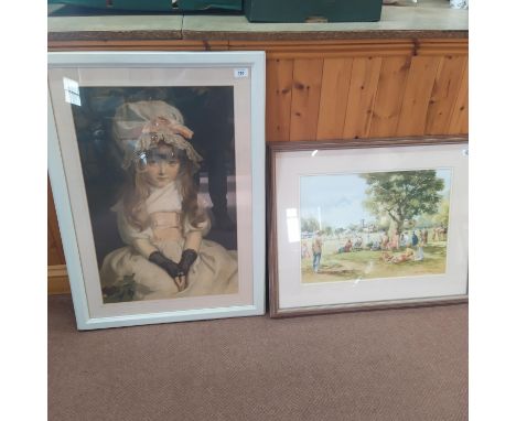 A framed Pears print of 'Miss Pears' plus a framed print of a village cricket match