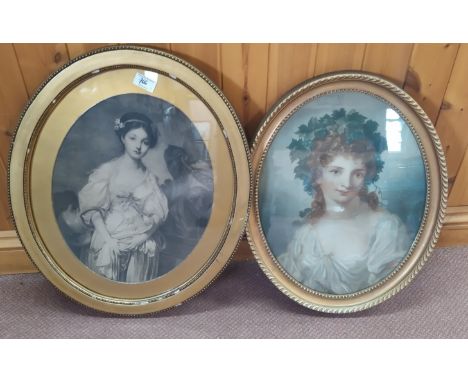A 19th Century framed print of a young girl with apron of flowers in an oval gilt frame plus a 19th Century coloured print of
