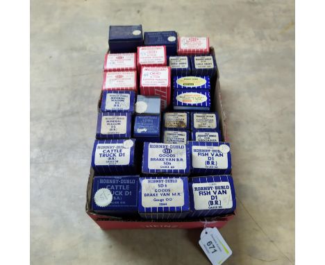 A selection of twenty five boxed Hornby Dublo items including wagons, vans, containers, light signals, cable drums etc