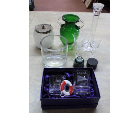 A tall glass candlestick, a green glass vase, heavy engraved vase, lidded biscuit barrel, two engraved tumblers plus an antiq