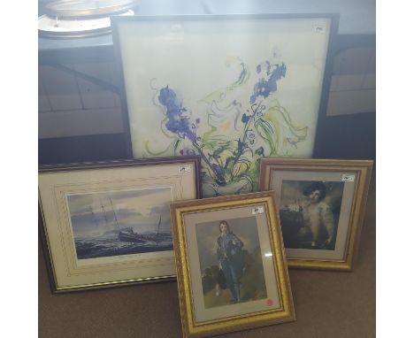 A large framed watercolour of a jug of flowers, indistinctly signed, a pair of framed prints of Gainsborough portraits plus a
