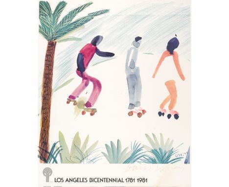 David Hockney RA (b.1937) LOS ANGELES BICENTENNIAL PROMOTIONAL POSTER FEATURING 'SKATERS, VENICE' lithographic print signed l