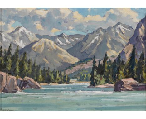Robert Taylor Carson HRUA (1919-2008) CANADIAN ROCKIES, 1947 oil on panel signed lower left; signed, dated and inscribed with