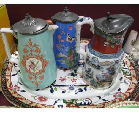 A XIX Century Ashworth Bros Rectangular Meat Plate; three hot water jugs in varying patterns. (4)