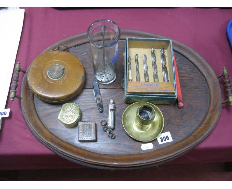 An Oak Tray, Rabone tape, whistle, penknife, postage stamps box in Tunbridge Ware, brass snuff box, etc. 