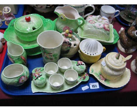 Carlton Ware 'Apple Blossom' Egg Cruet, sugar bowl and milk jug, preserve pot, Beswick leaf moulded salad dish and celery dis