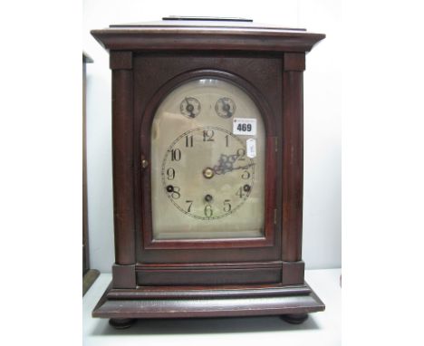 Early XX Century Pine Cased Bracket Clock, with German movement, Westminster chimes, slow / fast and chime / silent subsidiar