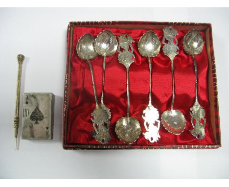 A Set of Six Tea Spoons, in a fitted box, together with a lighter, detailed as an ace of spade playing card and a XIX Century