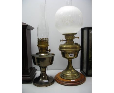 Brass Oil Lamp with Floral Globular Shade, on oak circular stepped base, an Aladdin example (2) 