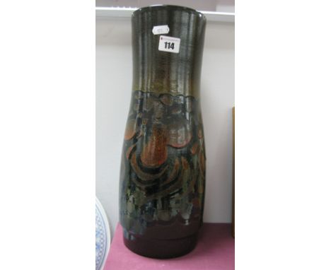 Poole Pottery Aegean Vase, of waisted form, on deep brown form, 40cm tall, on deep brown ground.