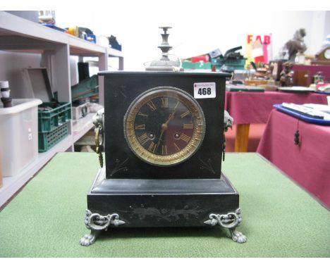 A XIX Century 'French' Black Slate Mantel Clock, "Pissot Nantes" on dial, with a finial top, lion mask handles, black dial wi