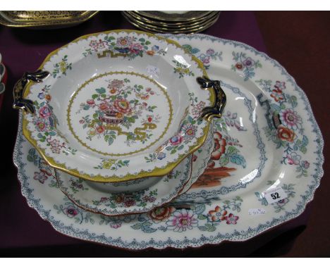A Late XIX Century Ashworth Large Rectangular Meat Plate, with draining well, similar plates and a twin handled bowl. (4)