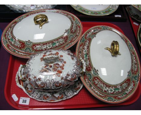 A Pair of XIX Century Ashworth Ironstone Oval Tureens and Covers; a Mason's sauce tureen, cover and stand:- One Tray