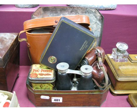 Tohyoh Binoculars, camera, spirit flask as a pair of binoculars, tins.