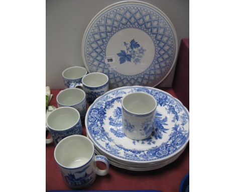 The Spode Blue Room Collection - six dinner plates plus six mugs plus 'Geranium' cake plate, Italian Spode bowl.
