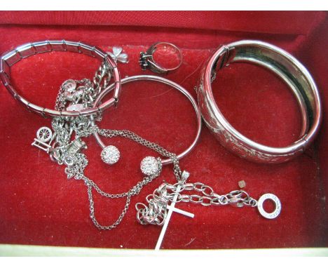 A Chester Hallmarked Silver Bangle, leaf scroll engraved to the front, hinged to snap clasp, together with a cross pendant st