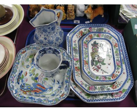 Three XIX Century Graduated Meat Plates, two square bowls and an Ashworth Hydra jug:- One Tray