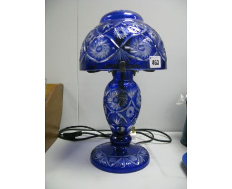 A Lead Crystal Table Lamp and Shade, cobalt blue on a clear glass with star patterned and flash cut decoration. 