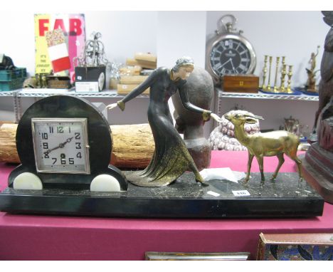 An Art Deco Marble Cased Mantel Clock, with French Marti eight day movement, silvered dial, on marble plinth base, surmounted