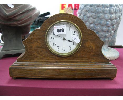 Early XX Century Inlaid Oak Cased Mantle Clock, on plinth base and brass ball feet.