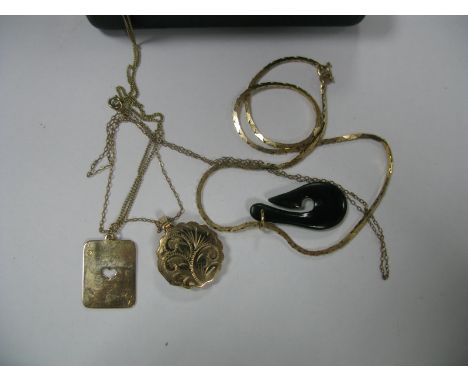 A 9ct Gold Locket Pendant on a chain; together with an ace of hearts playing card pendant, and a hardstone pendant on a 9ct g
