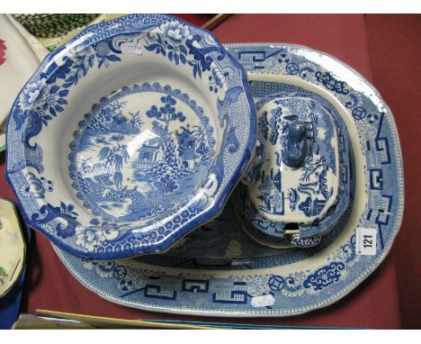 A Mason's Blue and White Willow Pattern Meat Plate, a twin handled comport and a sauce tureen. (4)