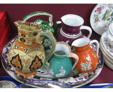 A Mason's Bandana Ware Jug, (Exhibition 1851), teapot, XIX Century Mason's jugs, teapot etc, on a large meat plate.