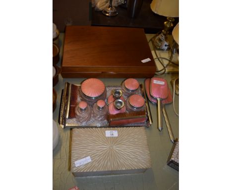 SEWING BOX SET AND A DRESSING TABLE SET WITH A PINK GUILLOCHE ENAMEL EFFECT BACKING