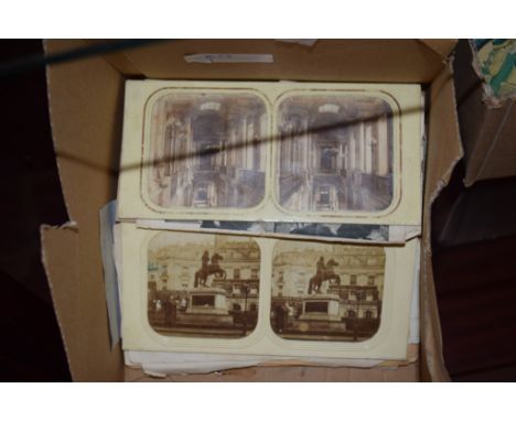 BOX CONTAINING QUANTITY OF STEREOSCOPE VIEWER CARDS, MOSTLY APPEAR ARCHITECTURAL, INTERIORS AND OTHER EPHEMERA
