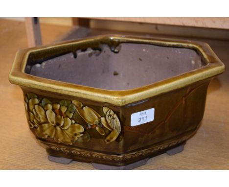 CERAMIC ORIENTAL POTTERY JARDINIERE, THE BLUE GROUND DECORATED WITH FLOWERS IN RELIEF