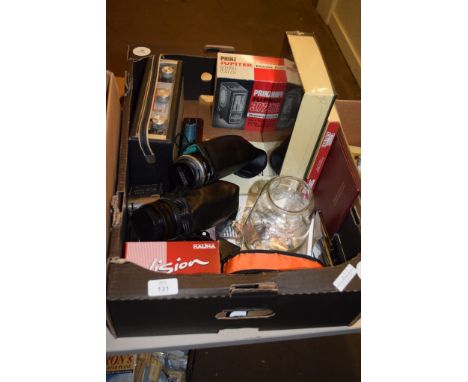 BOX CONTAINING CAMERA ITEMS AND RADIO